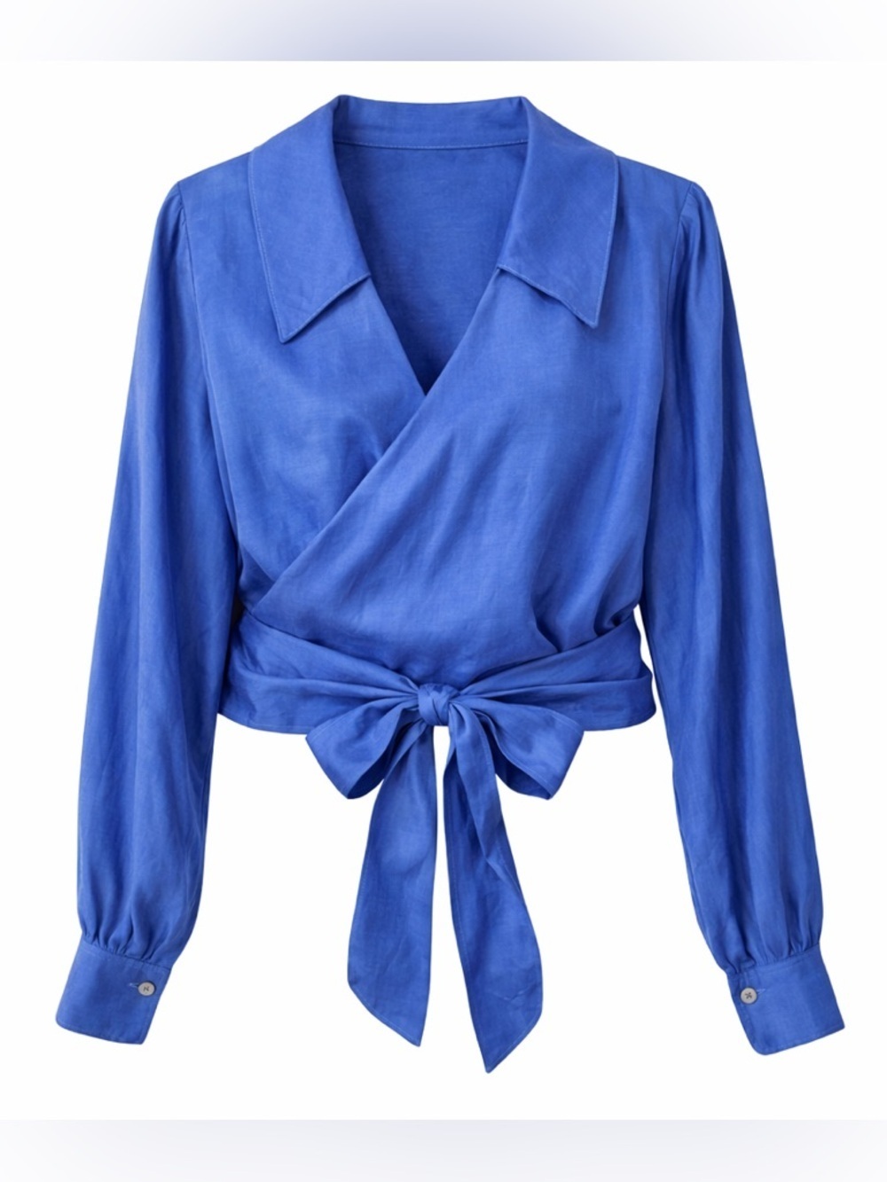 R.G. Kane Linen Blend V-Neck Wrap Front Blouse Balloon Sleeve Blue Size Large - Picture 3 of 13